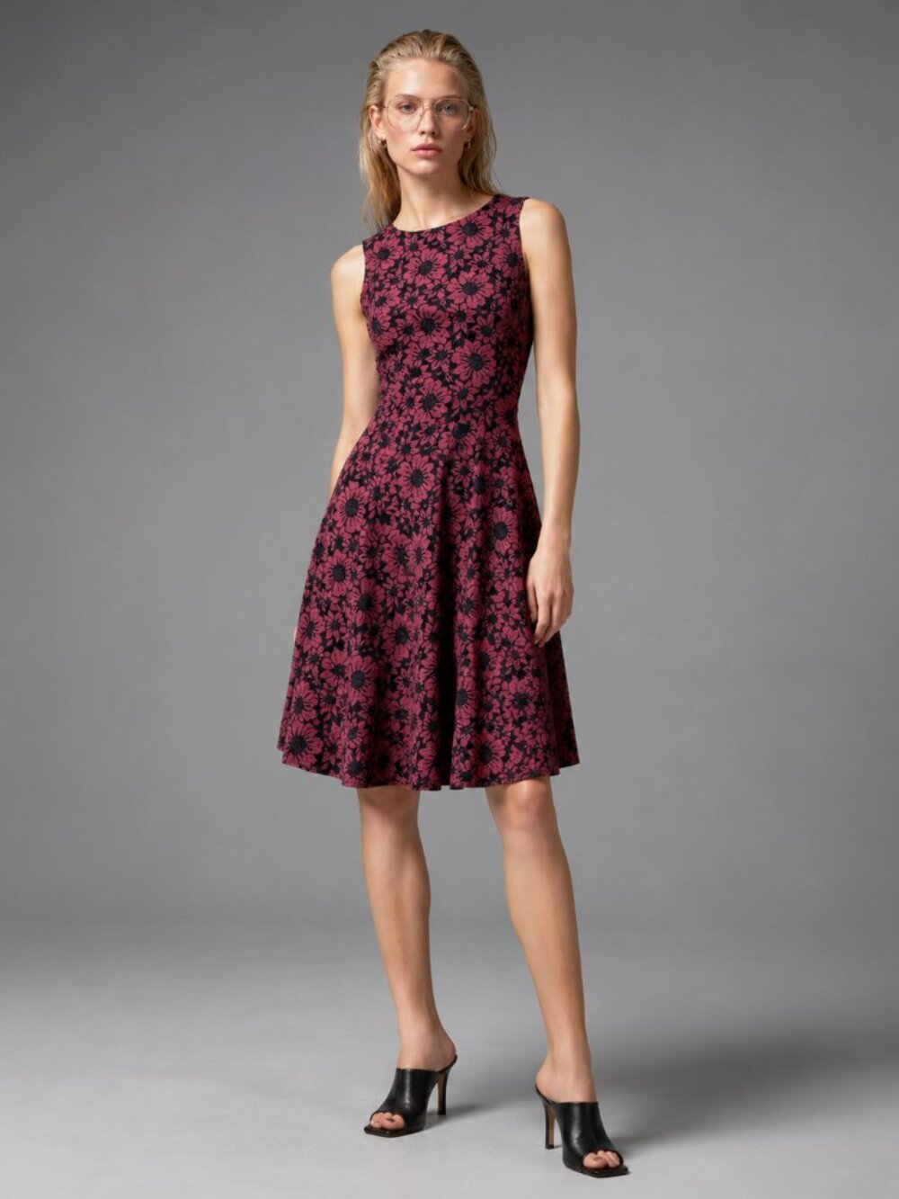 Floral Jacquard Lace Mini Dress Pink Black Fit & Flare